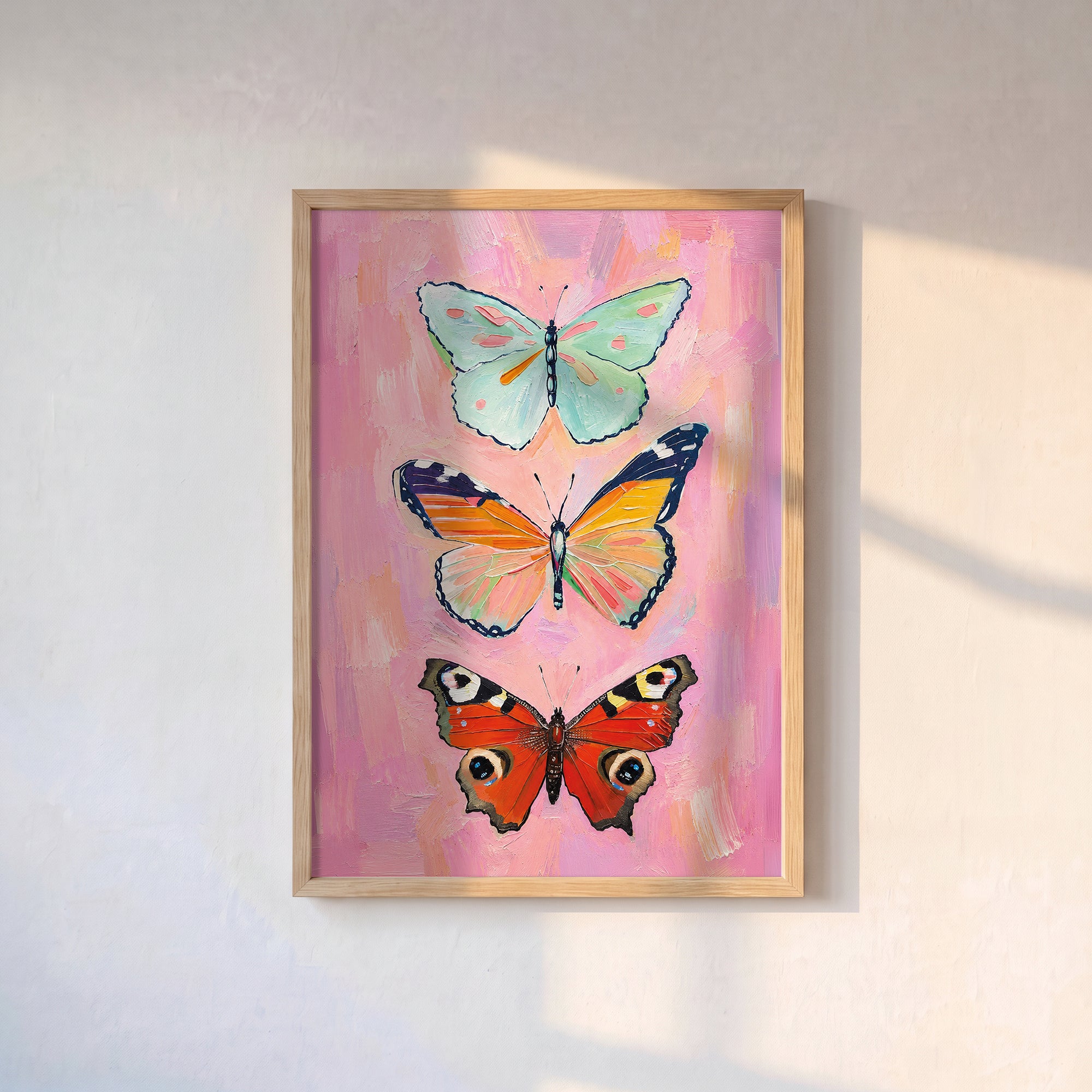 Pembe Zeminde Üç Kelebek Poster Baskı