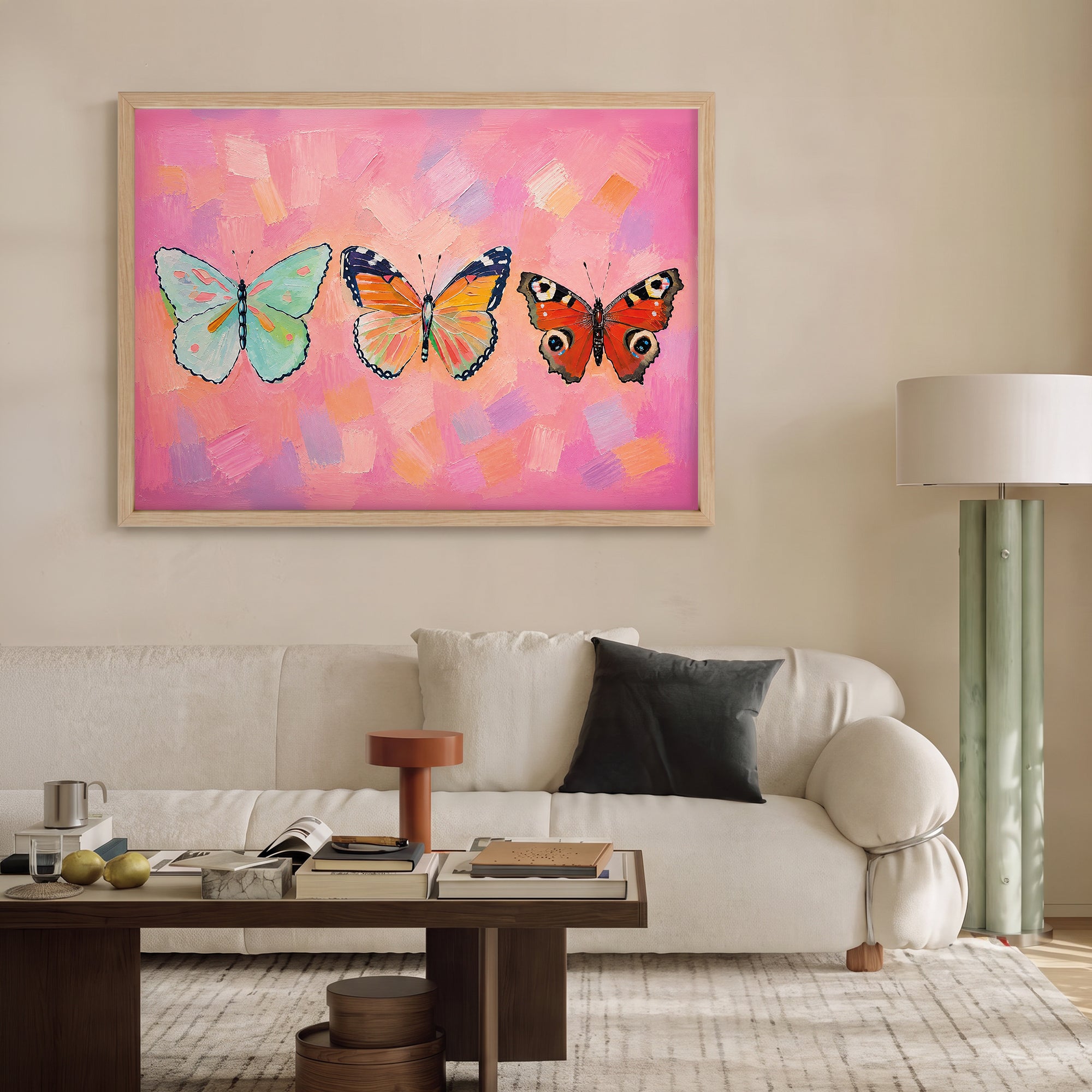Pembe Zeminde Kelebekler Poster Baskı