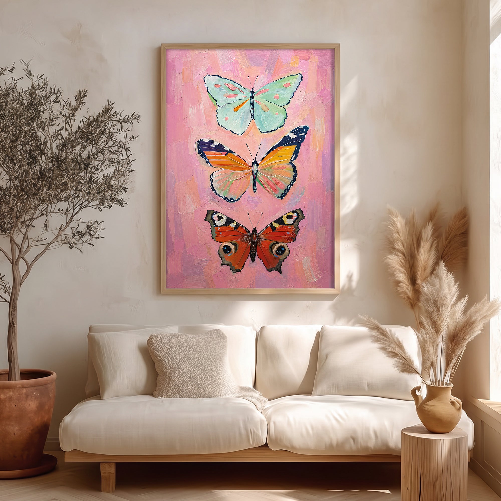 Pembe Zeminde Üç Kelebek Poster Baskı